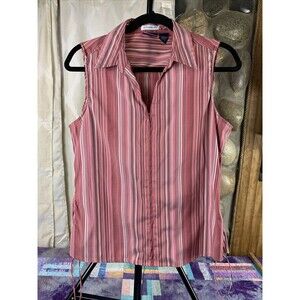 DCC Missy Stretch Womens Large Zip Up Sleeveless Pink Red White Striped Blouse